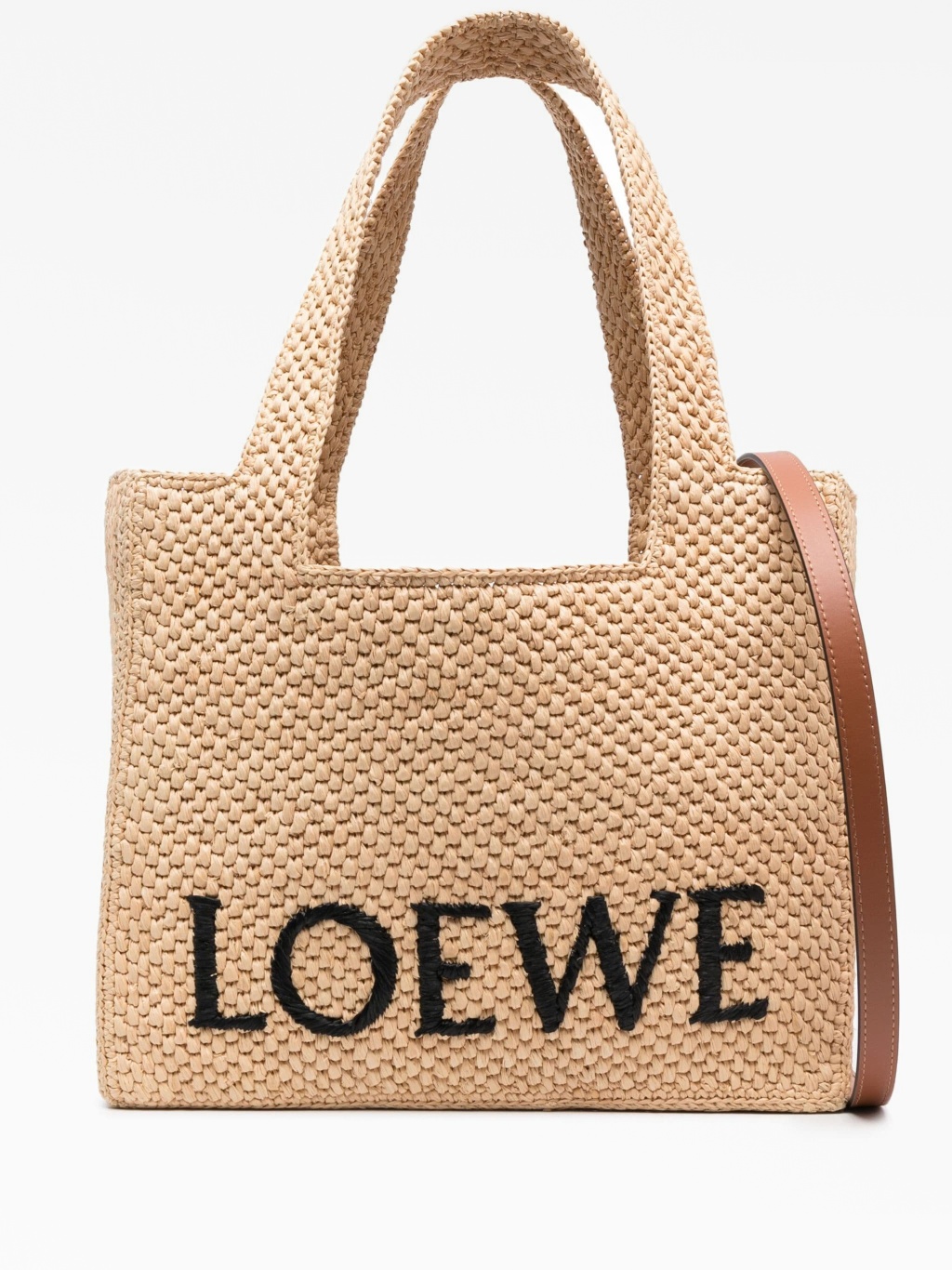 Embroidered-logo raffia tote bag
