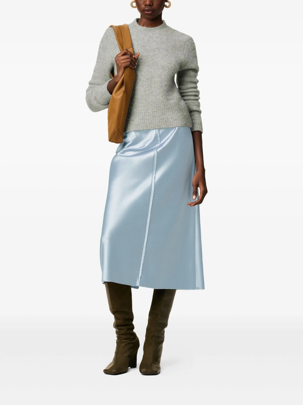Голубая атласная юбка-миди с необработанным краем