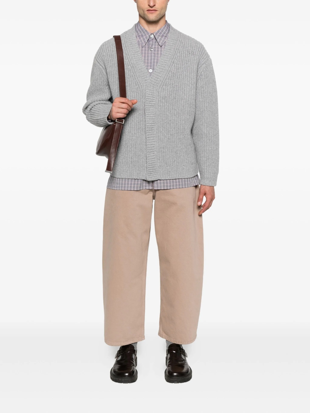 Серый шерстяной кардиган в рубчик с добавлением кашемира