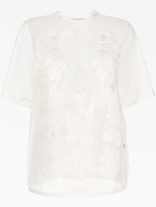 Floral-appliqué sheer t-shirt